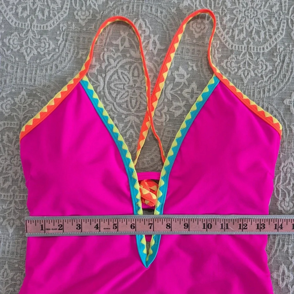 Popvil Womens Pink One‎ Piece Swimsuit Ric Rac Trim Plunging V-Neck Tie Back